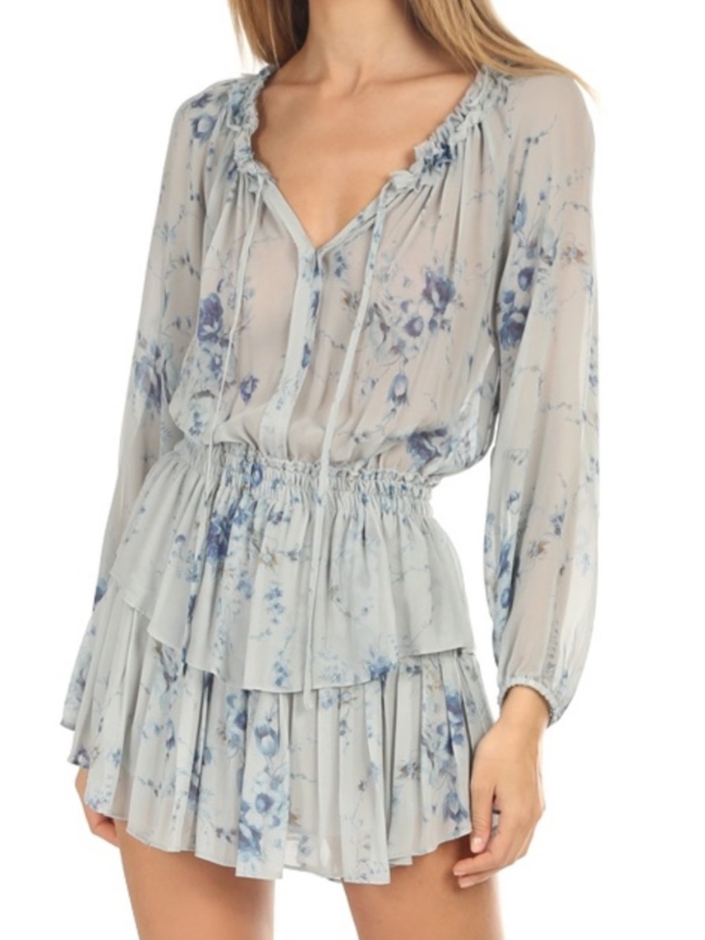 LoveShackFancy Silk Light Blue Floral Mini Dress